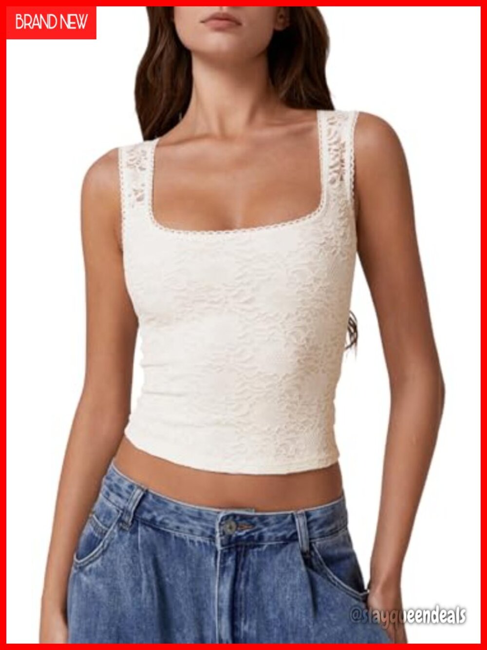 Lace Trim Square Neck Sleeveless Double-Layer Tank Top Slimming